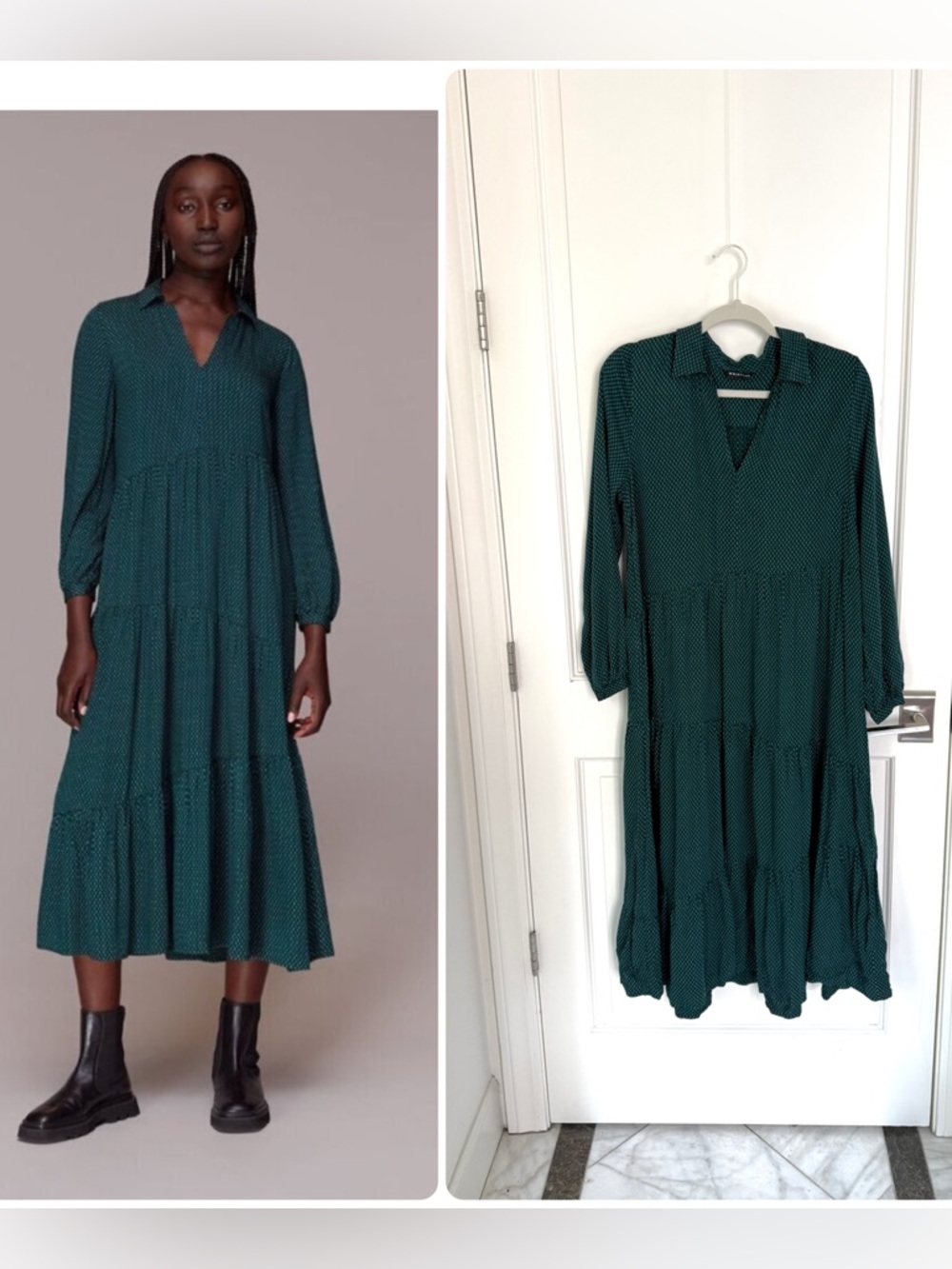 Whistles London Green Print Tiered Long Sleeve Midi Dress size 10 US - NEW